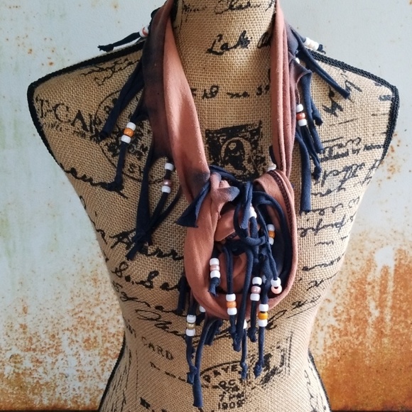 Western Boho Handmade Rust Fringe Beaded Scarf - Picture 3 of 3